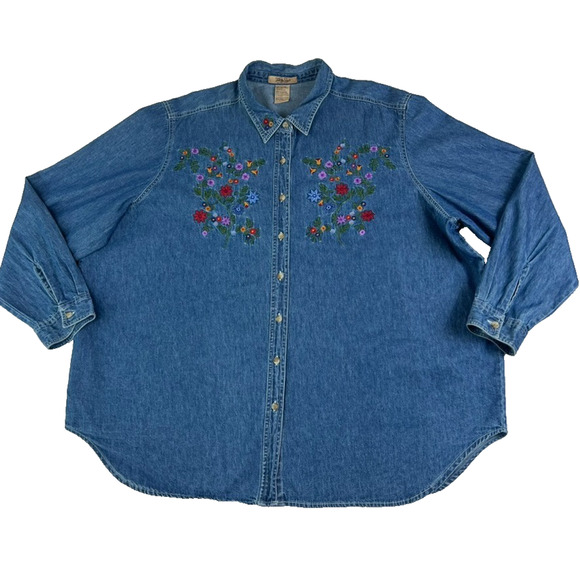 Just My Size Button Up Denim Shirt Women's 26W/28W Denim Floral Embroidered Vtg - Picture 1 of 8
